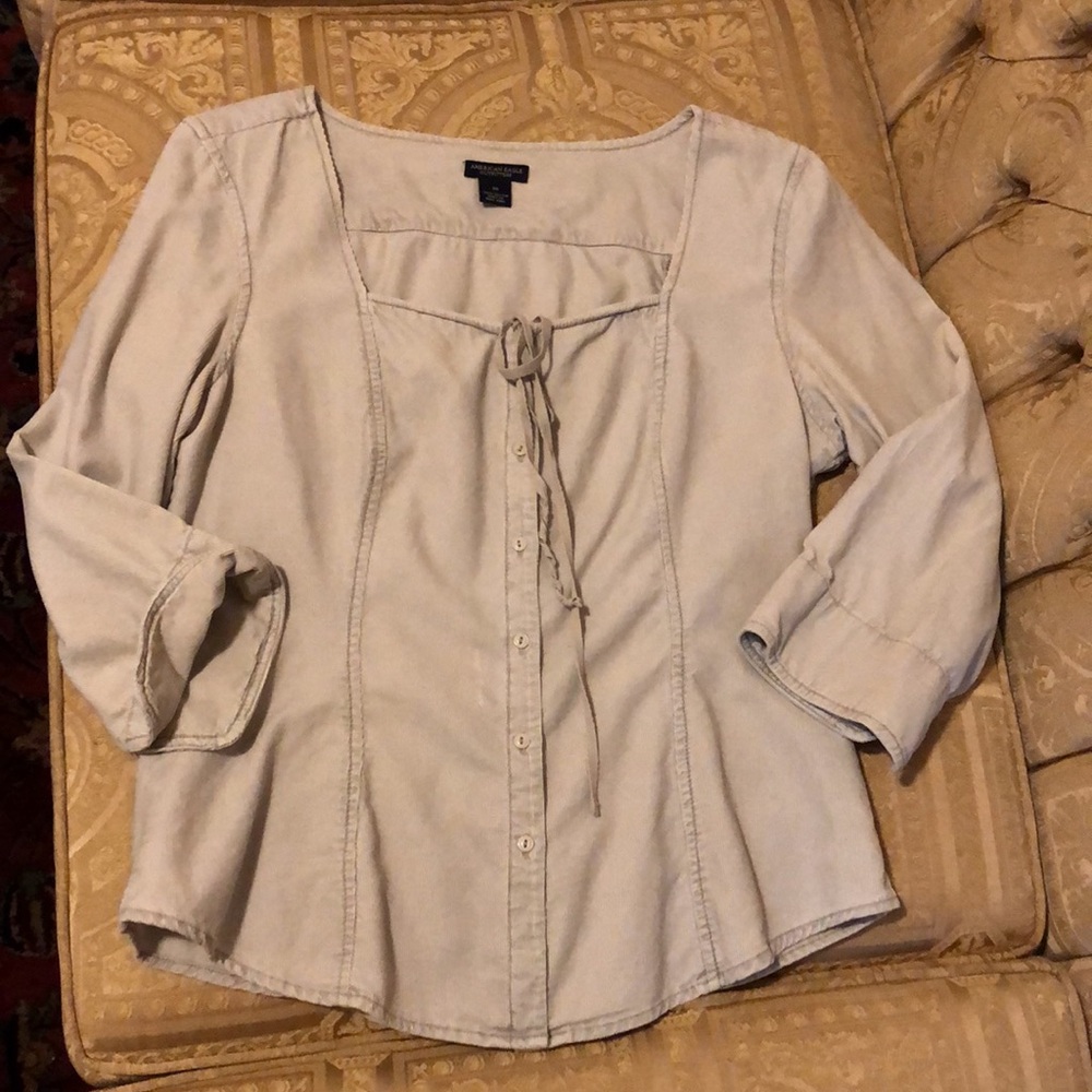 Y2K American Eagle Square neck Gray Button-Up Women's Top soft corduroy cotton